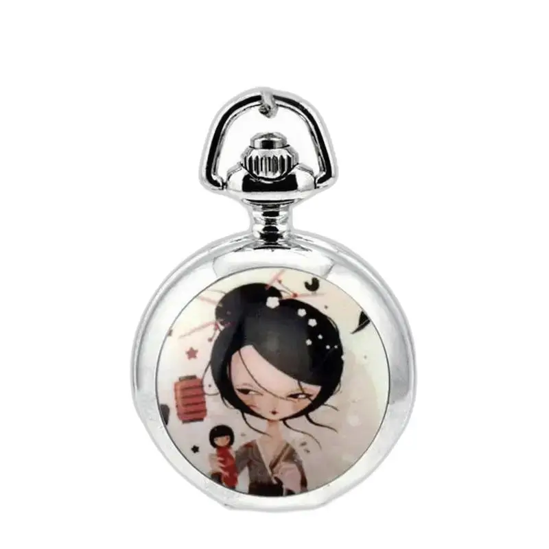 Orologio con collana Manga con pendolo in argento e una ragazza cartone animato in stile anime