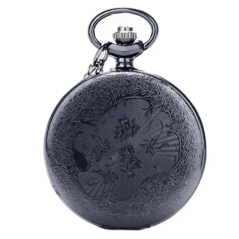 Collana meccanica con pendente stile orologio in oro argento nero con incisione floreale nera
