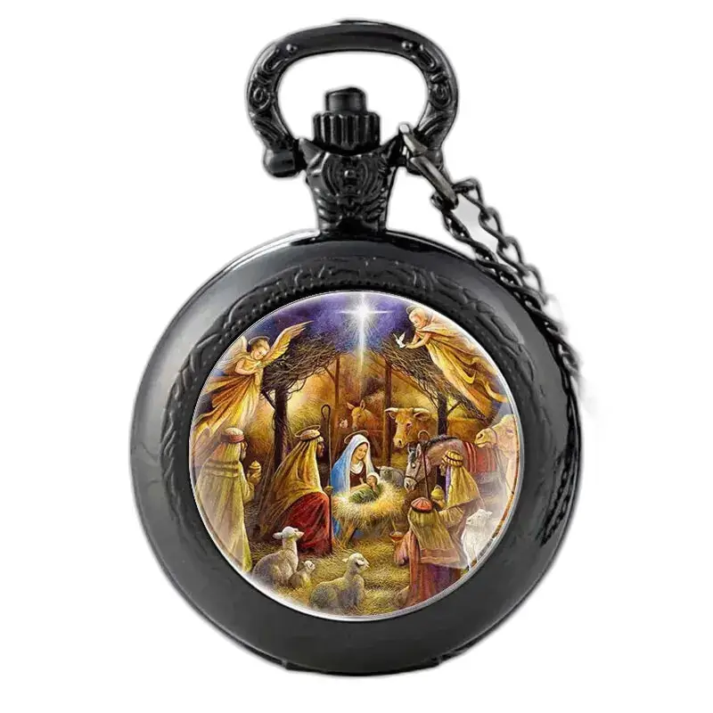Orologio da donna vintage con collana Nascita di Gesù con orologio da tasca nero e presepe