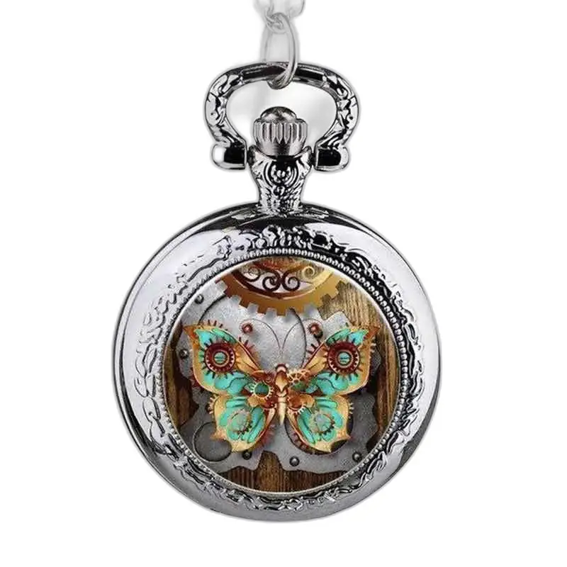 Orologio con collana a farfalla Design steampunk in ambra e turchese con farfalla
