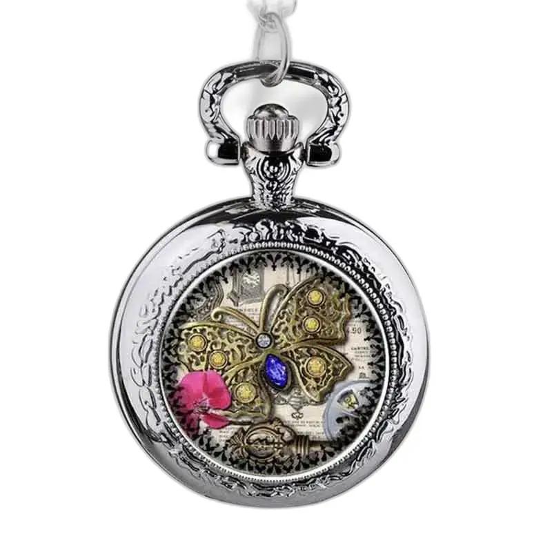 Orologio con collana a farfalla e pietre preziose, orologio con pendente in argento