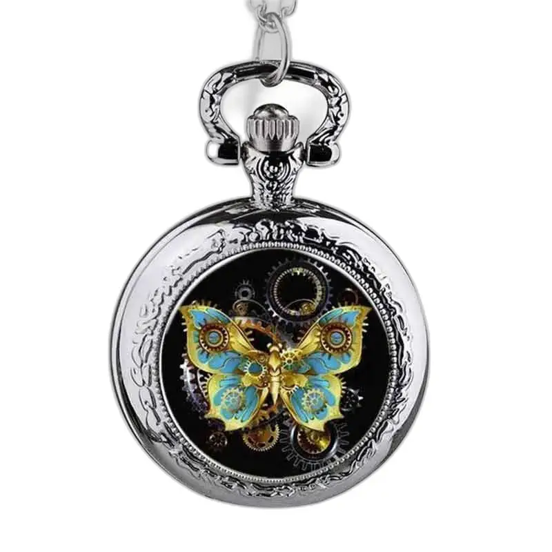 Orologio con collana a farfalla in acciaio inossidabile con design a farfalla argentata