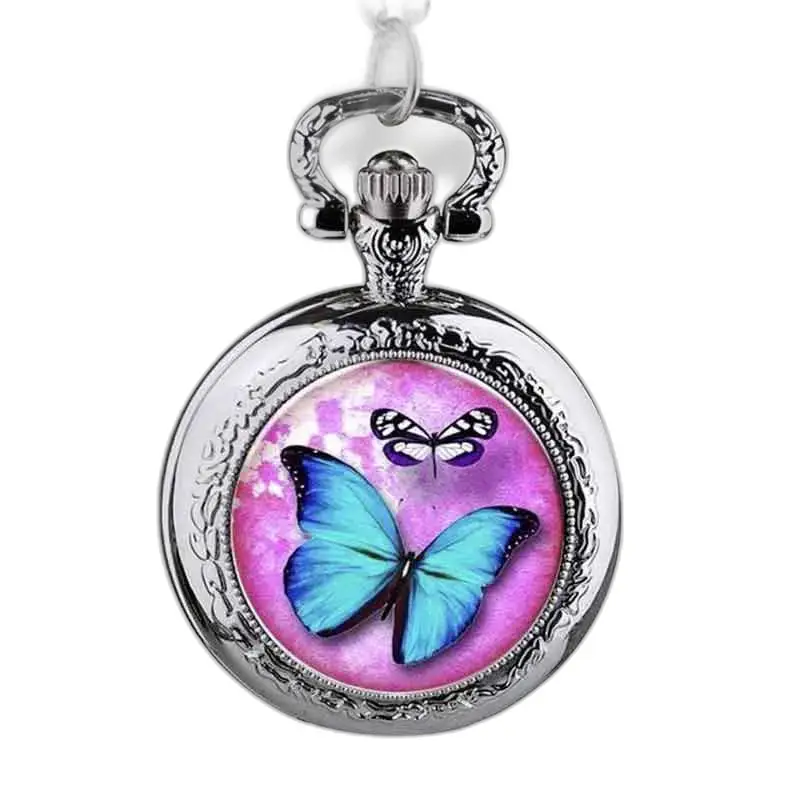 Orologio con collana a farfalla rosa e blu con design a farfalla in argento