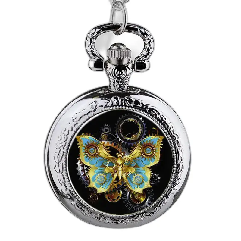 Orologio con collana a farfalle in acciaio inossidabile con un'elegante farfalla steampunk