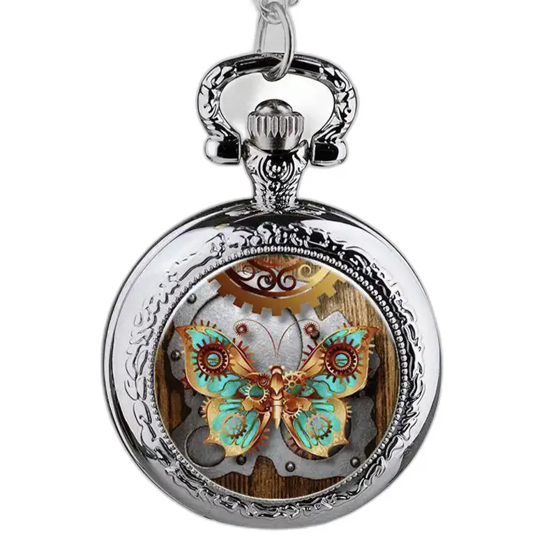 Orologio con collana in acciaio inossidabile con farfalle con design a farfalla steampunk