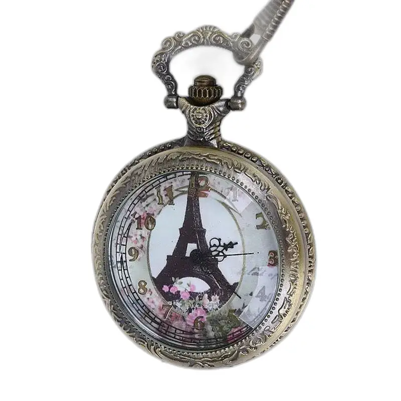 Orologio con collana di Parigi con quadrante analogico Fiori e orologio vintage della Torre Eiffel