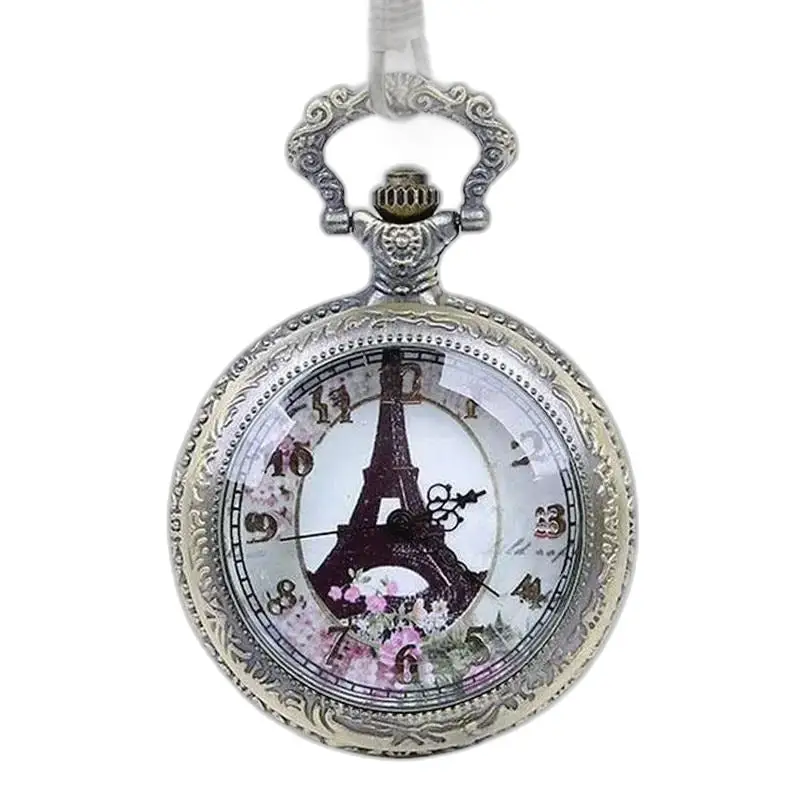 Orologio con collana di Parigi con quadrante analogico, fiori e Torre Eiffel come orologio da tasca