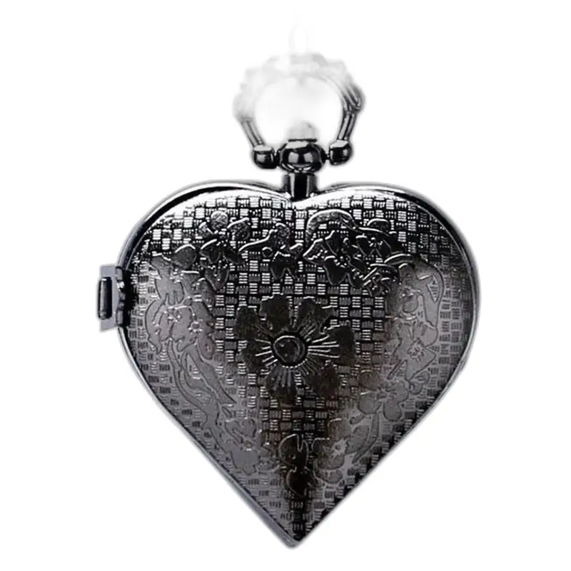 Orologio con collana con pendente a cuore in argento nero, orologio con collana in metallo inciso floreale