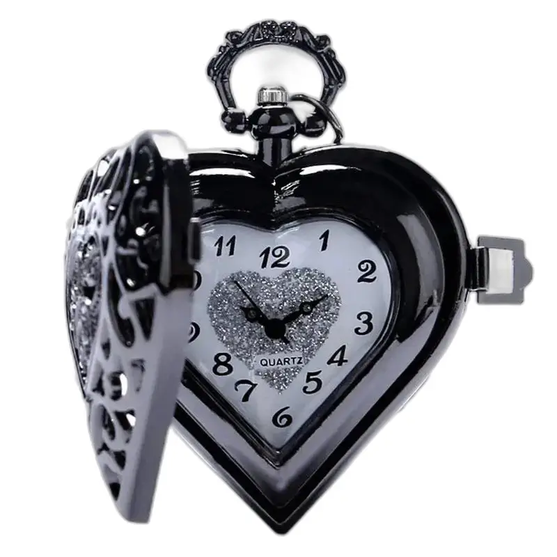 Orologio con collana con ciondolo a cuore in argento nero con orologio con collana a forma di cuore