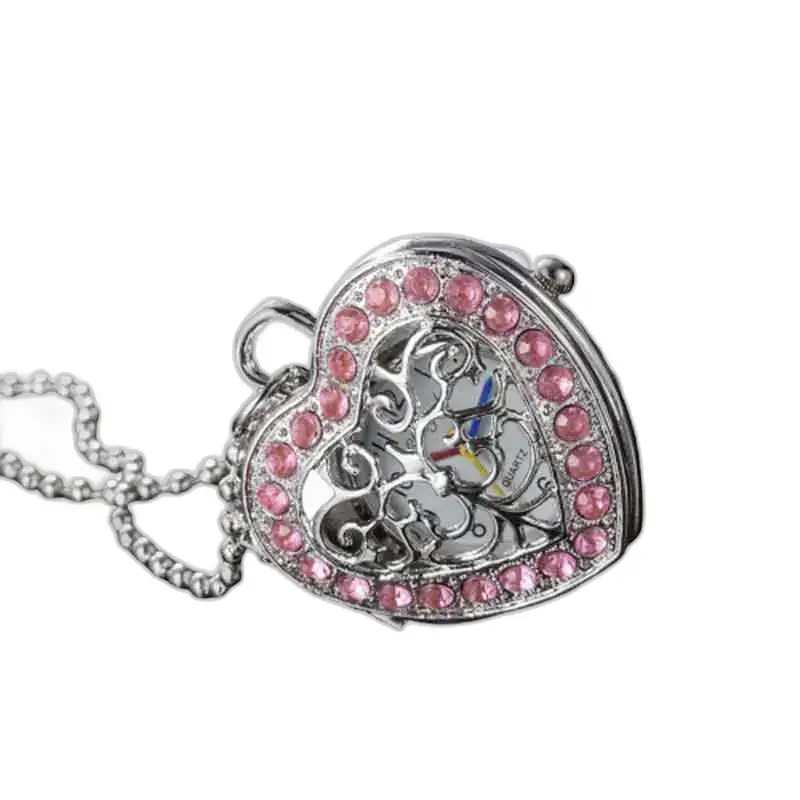 Orologio con collana con pendente a cuore ornato di diamanti rosa e strass