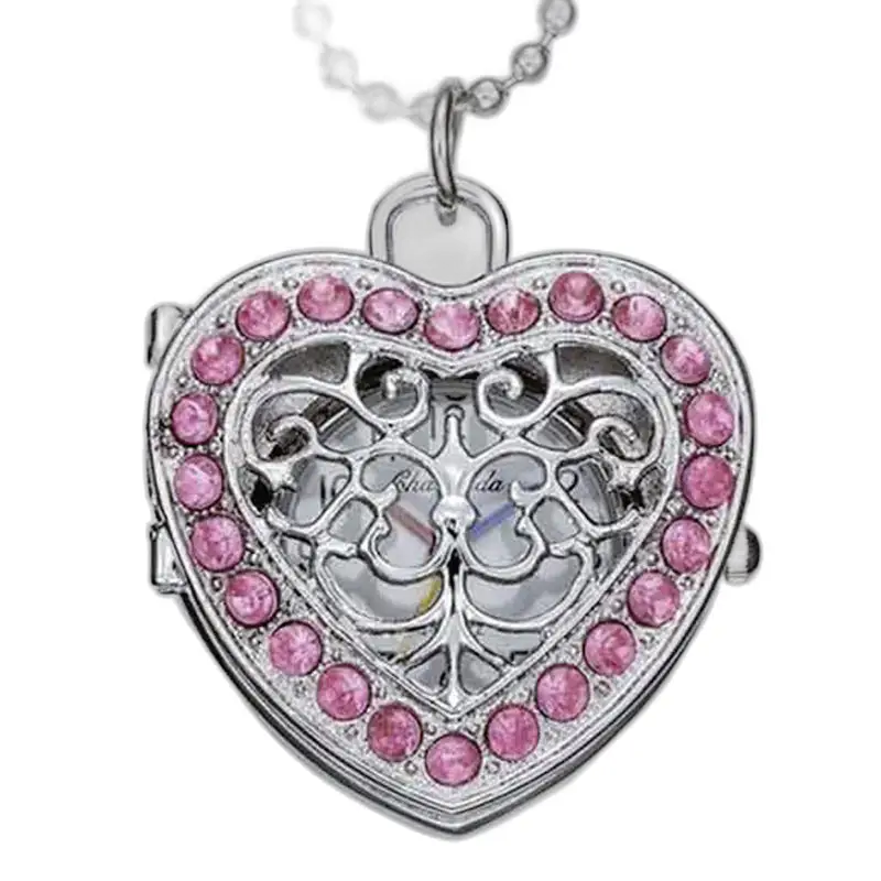 Medaglione a cuore con diamanti rosa, elegante orologio con collana pendente