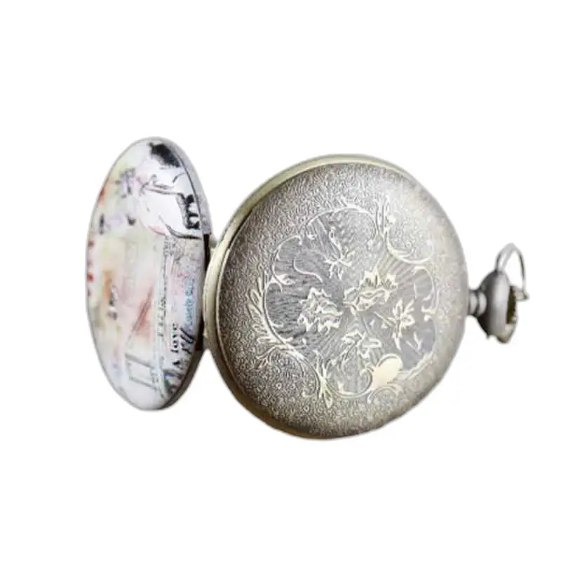 Orologio con collana pendente Fleurie con quadrante trasparente e incisione floreale in argento