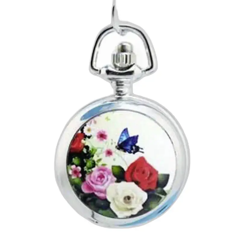 Orologio con collana in acciaio inossidabile con design floreale a farfalla e fiori colorati