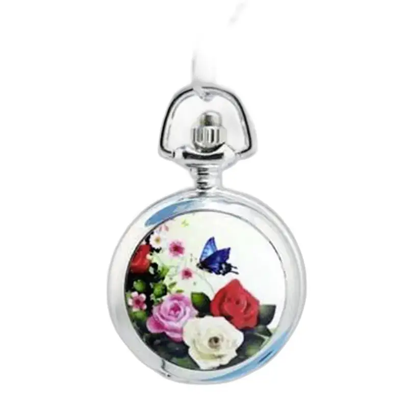 Orologio con collana e ciondolo in acciaio inossidabile con design di fiori colorati e farfalle