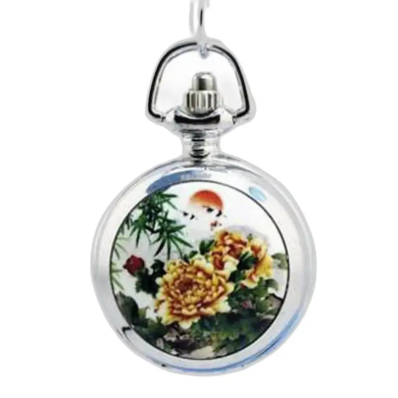 Orologio con collana pendente in acciaio inossidabile con disegno floreale e fiori colorati