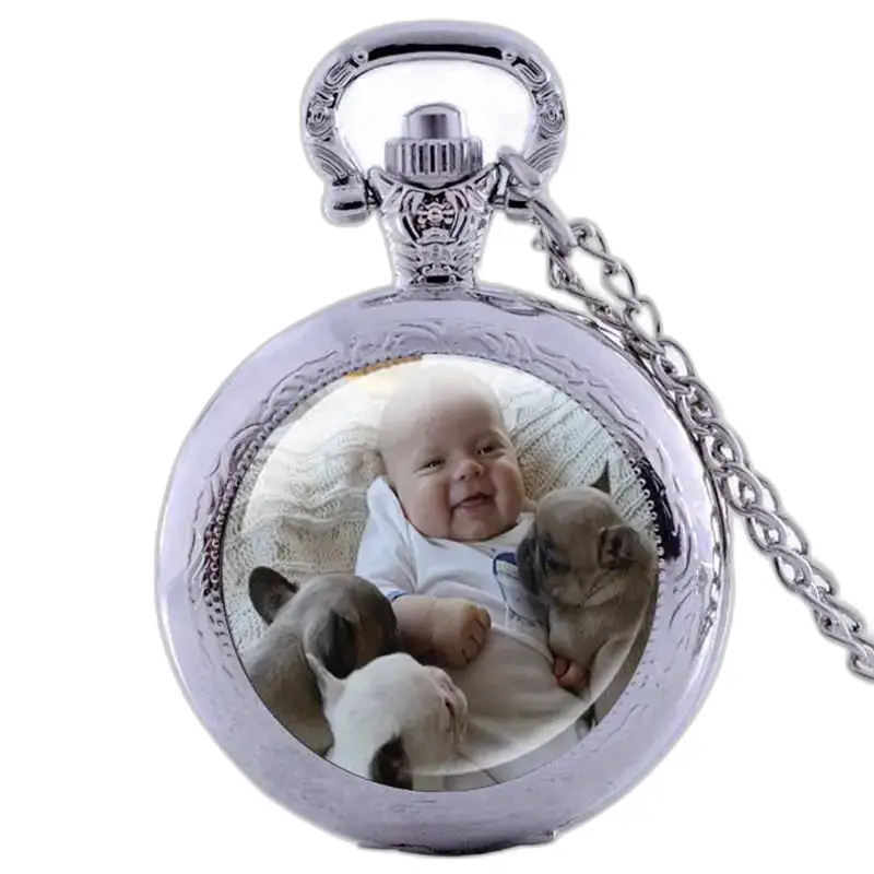 Elegante orologio collana personalizzabile con bimbo e cuccioli in argento