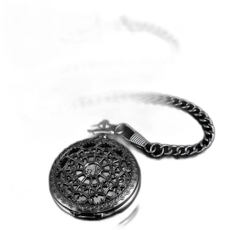 Orologio da donna con collana al quarzo nero Steampunk con catena e design in metallo decorato