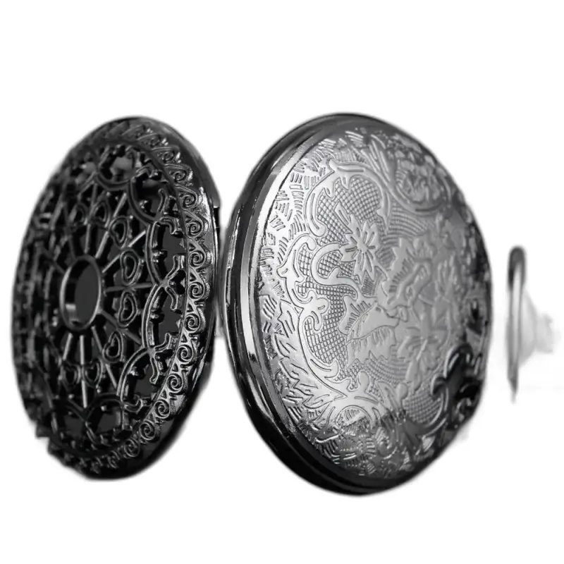 Orologio da donna con collana al quarzo nero Steampunk con un elegante orologio da tasca aperto