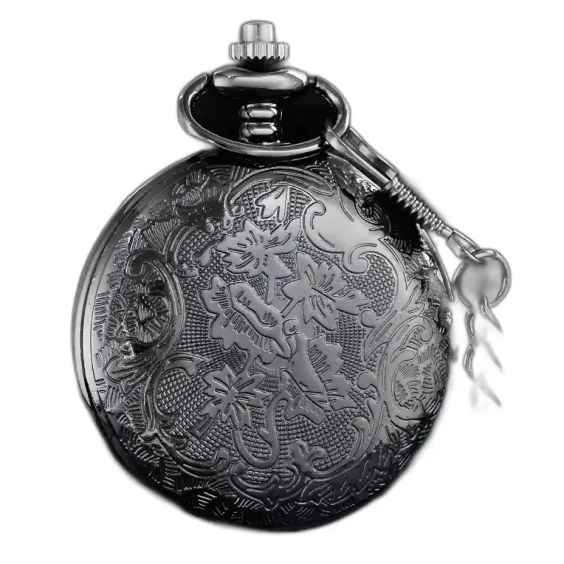 Orologio da donna con collana al quarzo nero Steampunk con orologio da tasca in argento decorato