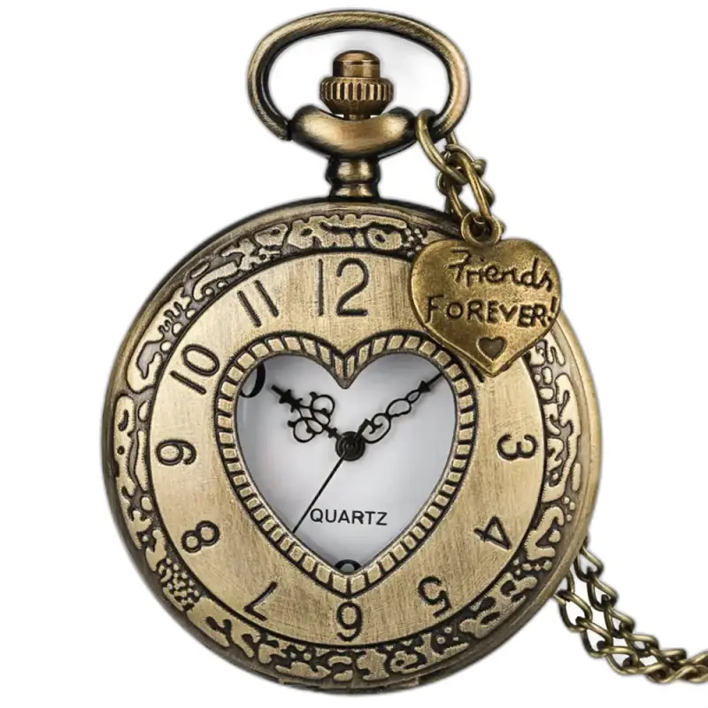 Orologio con collana al quarzo a forma di cuore in bronzo retrò con pendolo a forma di cuore