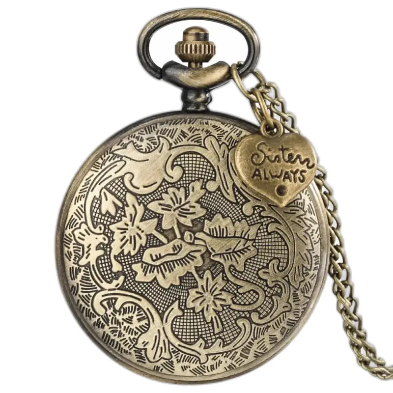 Orologio con collana al quarzo a cuore retrò in bronzo con un fascino a cuore scintillante
