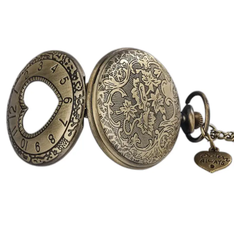 Orologio con collana al quarzo con cuore in bronzo retrò, elegante portachiavi in bronzo decorato