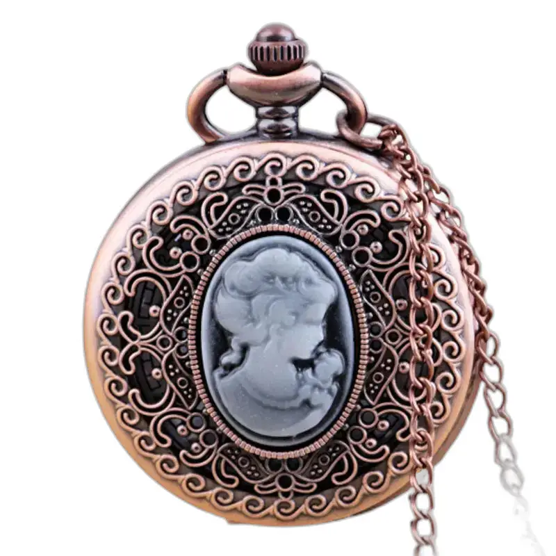 Orologio da collana al quarzo da donna vintage in bronzo con orologio da collana decorato con cammeo