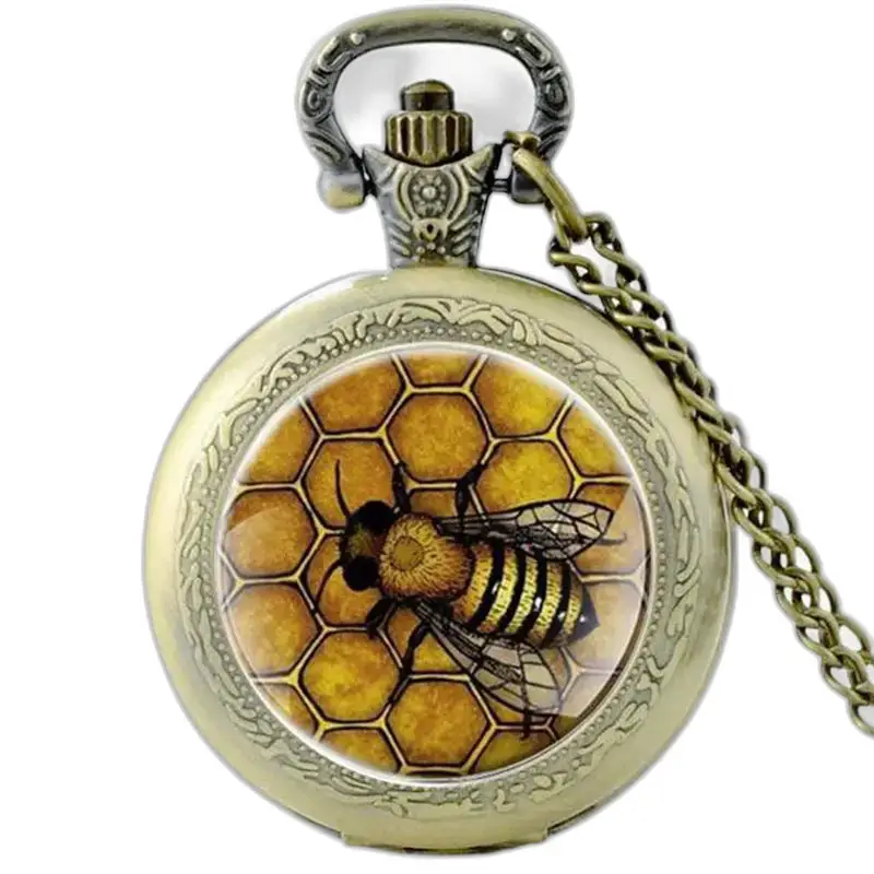 Orologio vintage con collana Queen Bee in bronzo con design ape e nido d'ape