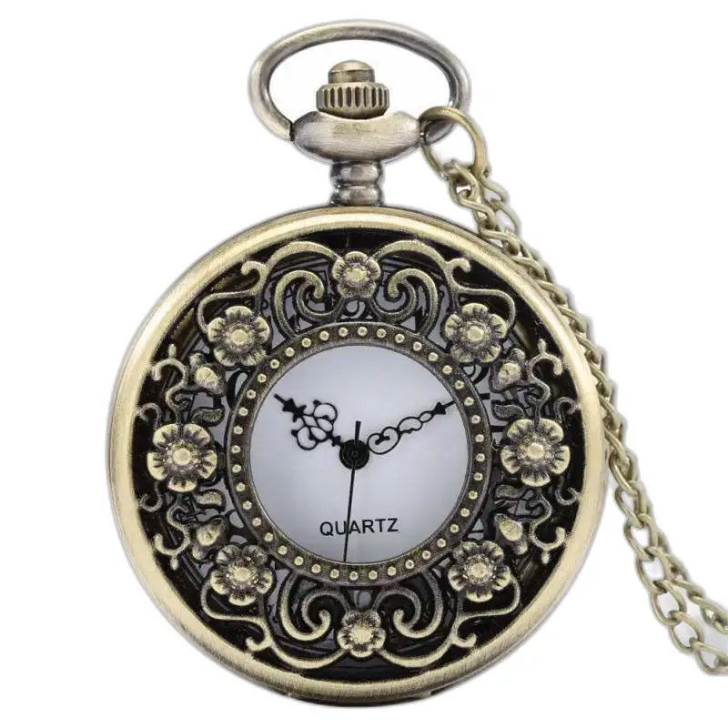 Orologio con collana in bronzo ornato di fiori vintage retrò con catena elegante