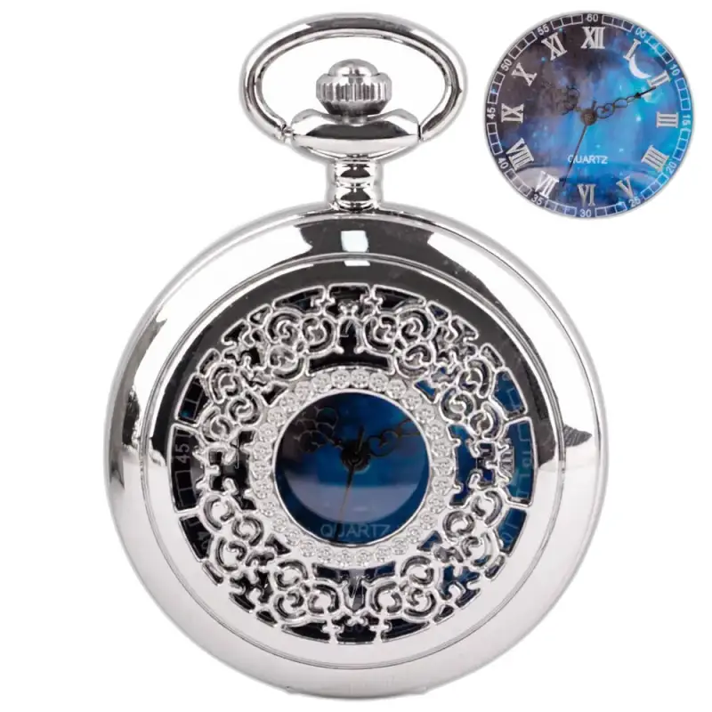Romantico orologio da collana da donna in argento blu reale con orologio da tasca in argento decorato