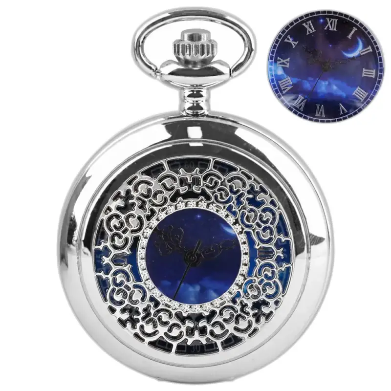Romantico orologio da collana da donna in argento blu reale con orologio da tasca in argento decorato