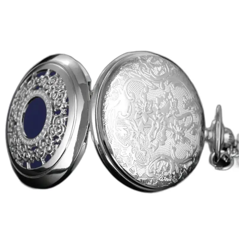 Romantico orologio da collana Royal Blue con incisione floreale in argento