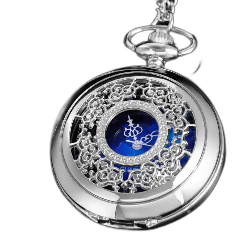Romantico orologio da collana da donna in argento blu reale con orologio da tasca in argento decorato