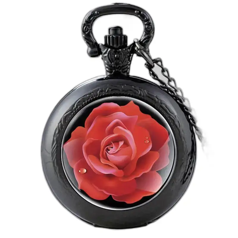 Orologio vintage con collana con rosa rossa e orologio da tasca con rosa rossa e nera
