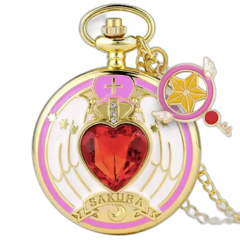 Orologio vintage con collana Sakura in oro con ciondoli a forma di cuore e bastoncino magico