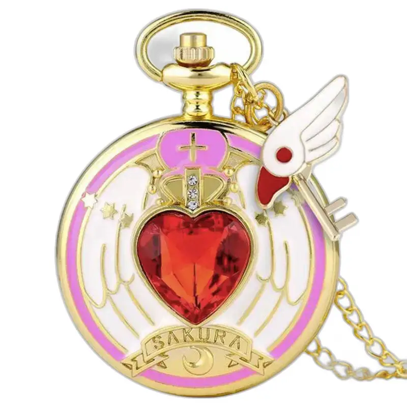 Orologio vintage con collana Sakura con orologio in oro e gemma rossa a forma di cuore