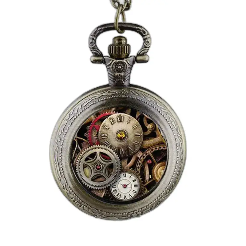 Orologio vintage con collana Steampunk in argento con ingranaggi visibili e stile retrò
