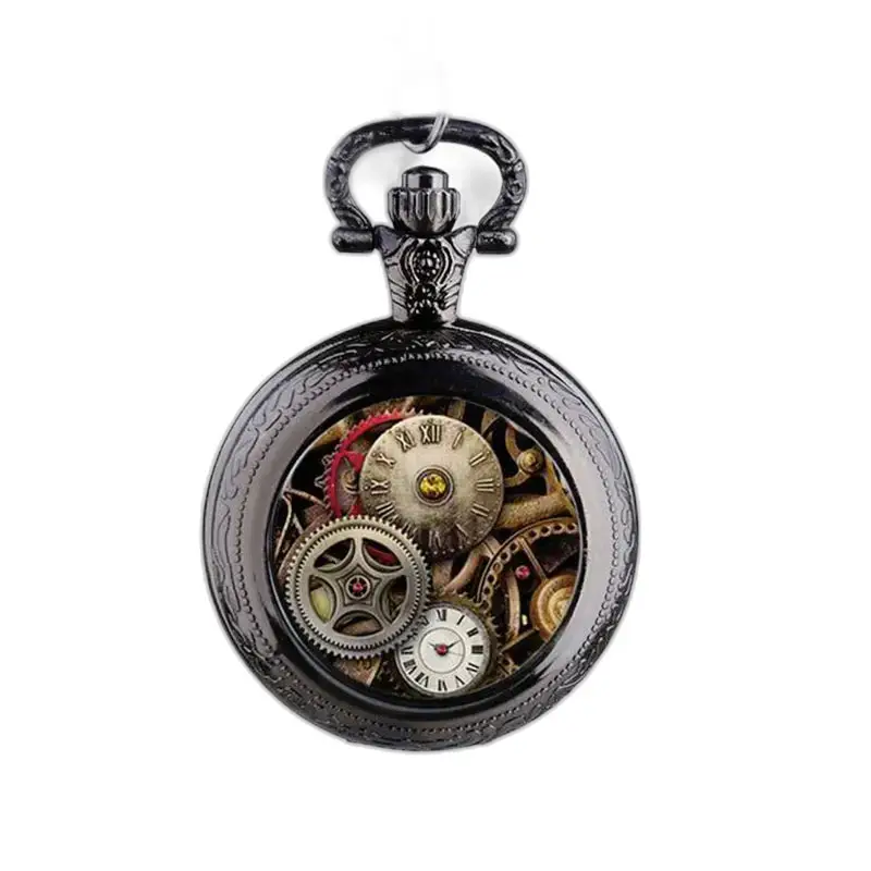 Orologio vintage con collana Steampunk in argento e orologio da tasca Steampunk nero