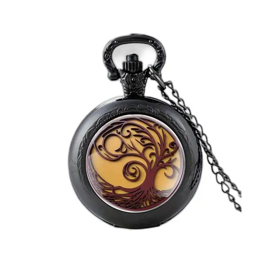 Orologio vintage con collana albero della vita con disegno ad albero su sfondo nero