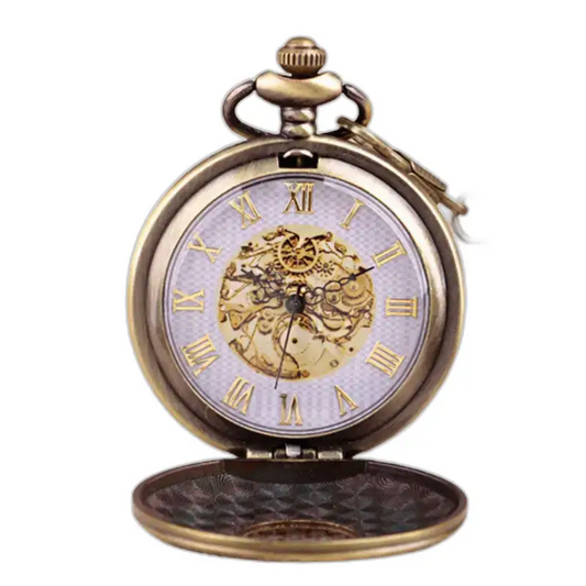 Orologio Collier vintage in oro antico con numeri romani e meccanismo a vista