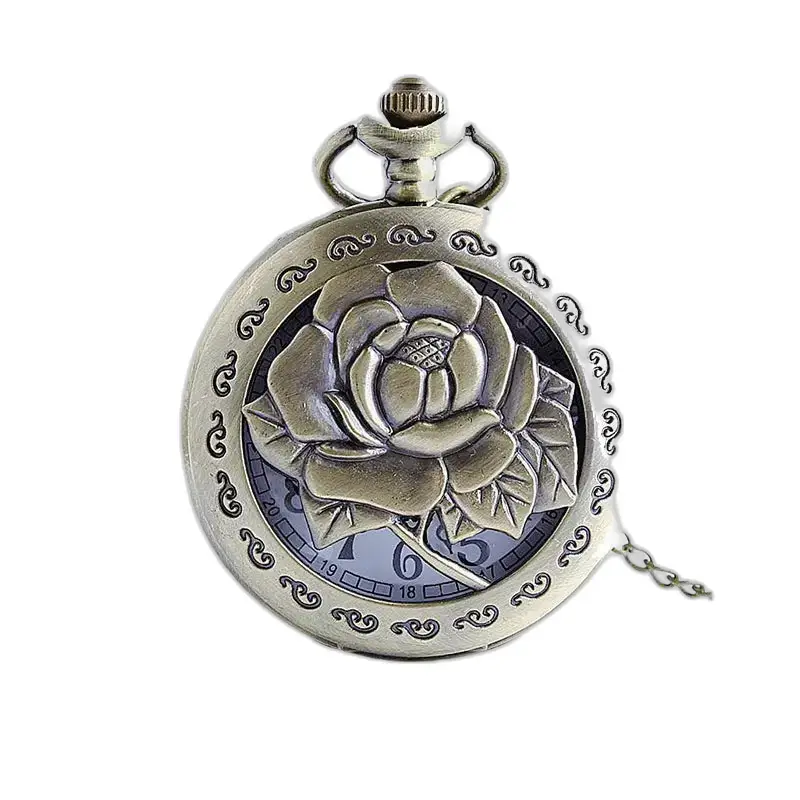Orologio vintage con collana di fiori rosa in bronzo e orologio con collana antica con motivo rosa