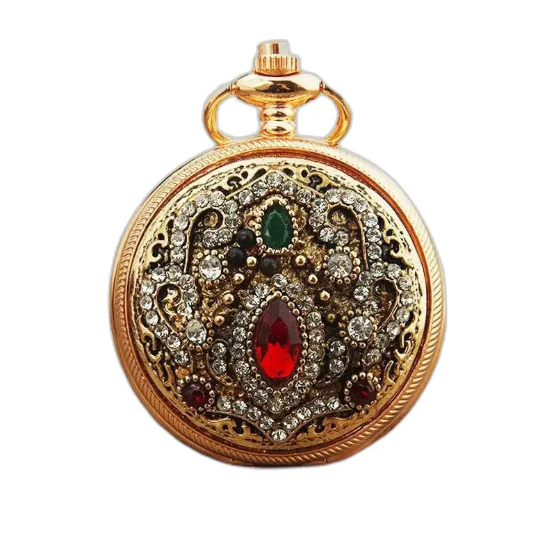 Orologio collana Vintage Chic con pendolo dorato e pietre preziose
