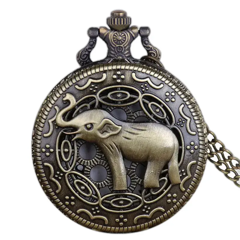 Orologio vintage con collana a forma di elefante con quadrante bianco e finitura bronzo