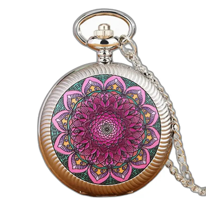 Orologio con collana a fiori con design mandala e display analogico in argento