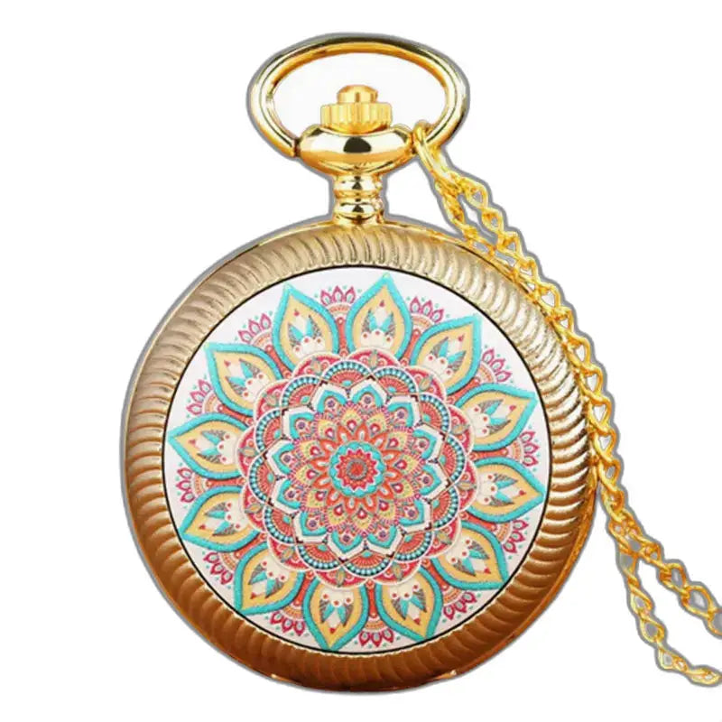 Orologio vintage con collana a fiori verdi in bronzo con orologio in oro e design mandala