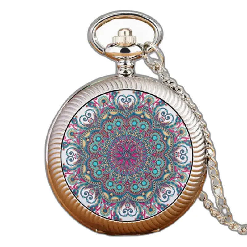 Orologio vintage con collana a fiori verdi in bronzo con display analogico e design Mandala