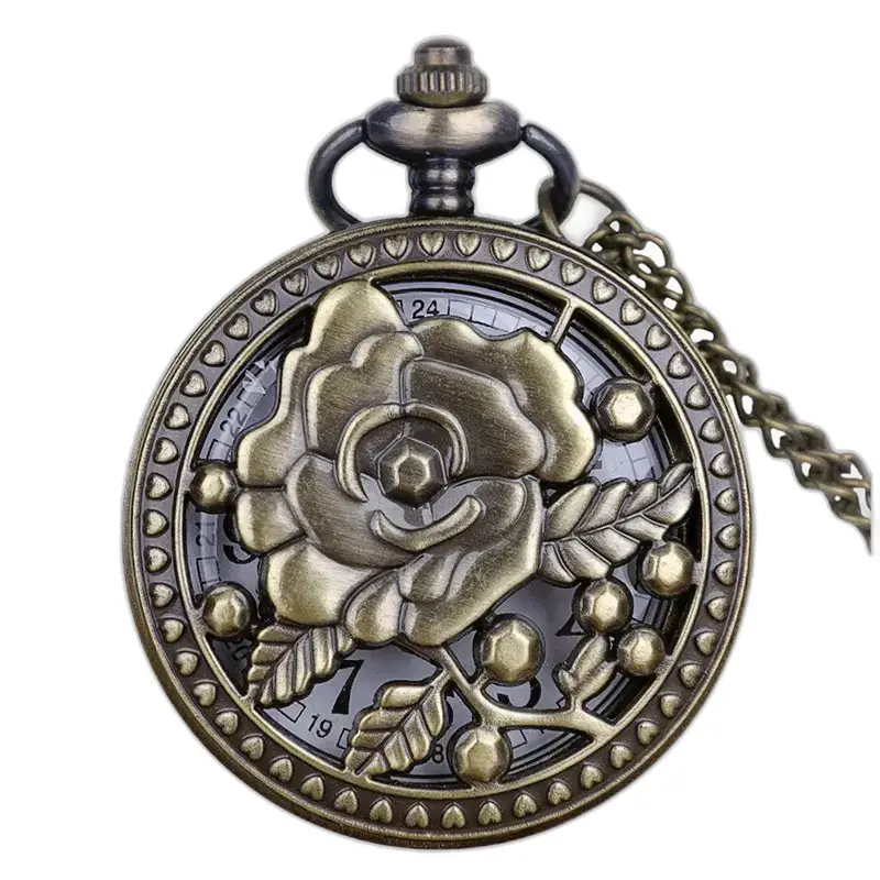 Orologio vintage con collana in bronzo con fiori di rosa e rosa in bronzo