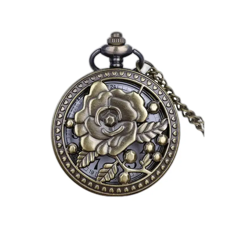 Orologio vintage con collana in bronzo con fiori di rosa e delicato quadrante a forma di rosa