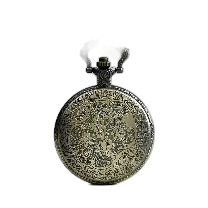 Orologio con collana rotonda in bronzo in stile vintage con un'elegante cassa in bronzo decorata