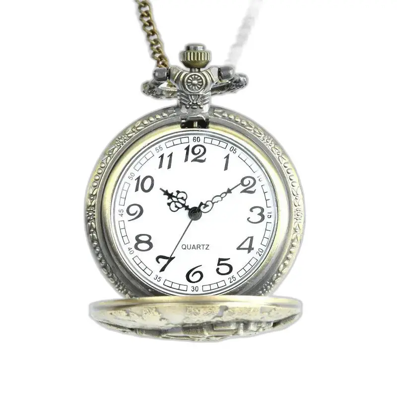 Orologio con collana rotonda in bronzo stile vintage con catena, elegante e senza tempo